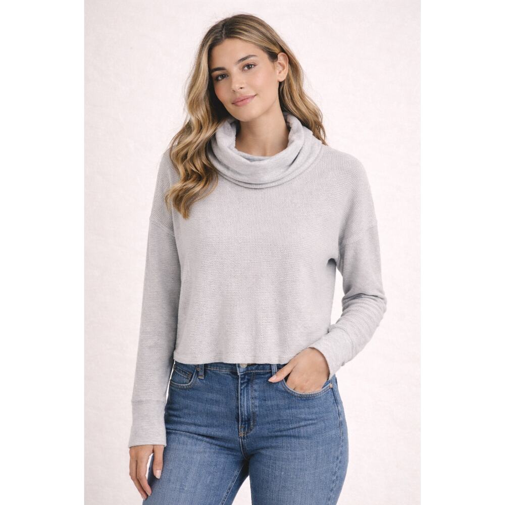 Dylan Waffle Knit Cowl Neck Cropped Top Gray Long Sleeve Thermal Sweater Small